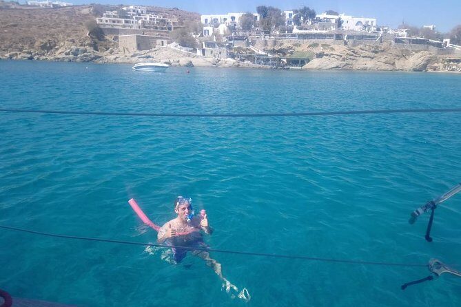 Private sailing cruise-Mykonos Southern Beach Hopping withLunch - Stop 1: Ornos—family-friendly, trendy, and often busy