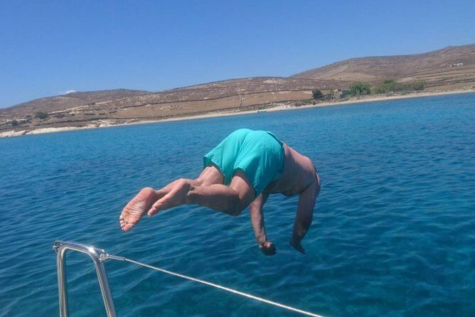 Private sailing cruise-Mykonos Southern Beach Hopping withLunch - Stop 3: Super Paradise Beach—famous scene, seen from the water